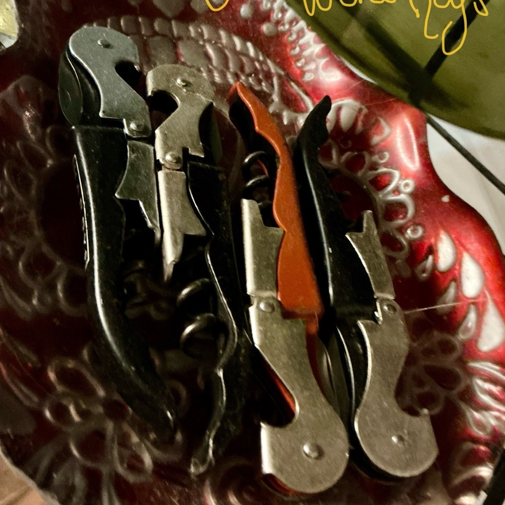 Vintage Black, Silver, and Orange Hinged Waiters Corkscrew Wine Key Set